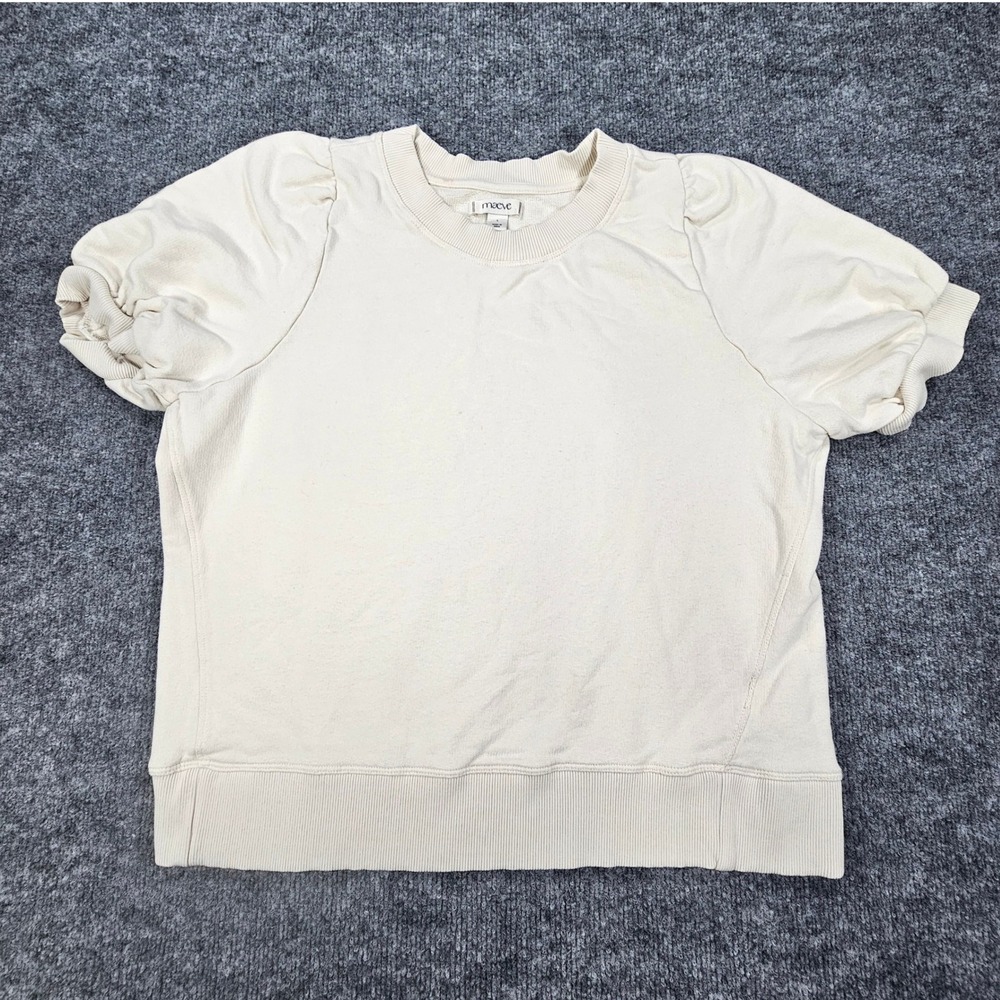 Anthropologie Maeve Short Puff Sleeve Sweatshirt Large Cream Off-White Cotton